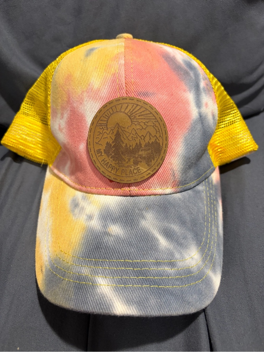 Tie-Dye Yellow Mesh Ponytail Hat with Leather Patch - My Happy Place